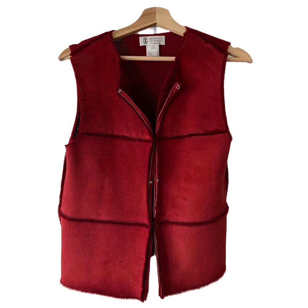 LUXE Brunello Cucinelli Shearling/Cashmere Cherry Red Vest Small Womens Suede